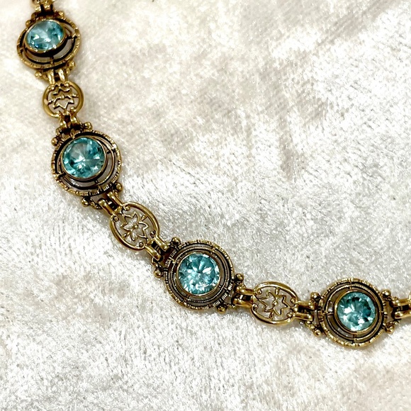 Vintage Art Deco 10K Solid Gold Natural Blue Zircon 5cts Fancy Link Bracelet - Picture 12 of 13